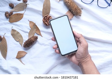 flat composition of hand holding smart phone on white background 