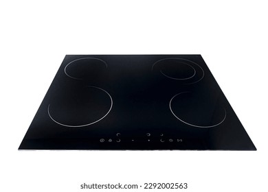 Flat cooktop cooking induction electric built black stove. Electric induction hob with ceramic tempered glass surface with white burners and touch control buttons panel isolated on white.