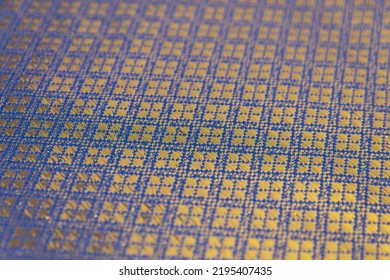 Flat Dark Blue Colored Fabric Texture Background. This Brocade Fabric Is Made Of Polyester.