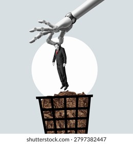 Flat design art. An ai algorithm ousts workers. Huge robot throws man into a trash can. Job loss due to AI technology.
