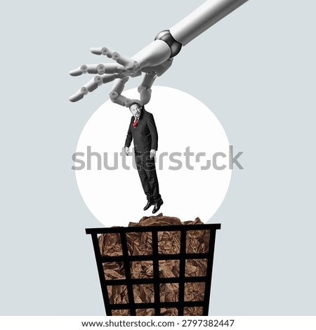 Flat design art. An ai algorithm ousts workers. Huge robot throws man into a trash can. Job loss due to AI technology.