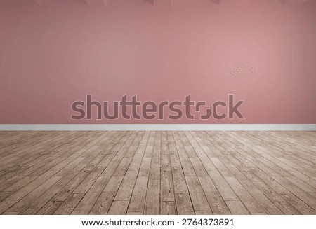 Flat design empty room showing midtone hardwood floor and dusty rose wall with exposed wooden beams. Minimalist, interior, rustic, contemporary, architecture, versatile, neutral