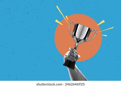 Flat design Illustration. Hand holds and raised cup trophy, holding cup against clean backgrund. award and victory concept - Powered by Shutterstock