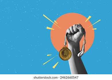 Flat design Illustration. Hand holds and raised gold medal trophy, holding medal against clean backgrund. award and victory concept - Powered by Shutterstock