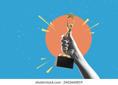 Flat design Illustration. Hand holds and raised  gold star cup trophy, holding cup against clean backgrund. Be a star - award and victory concept - Powered by Shutterstock