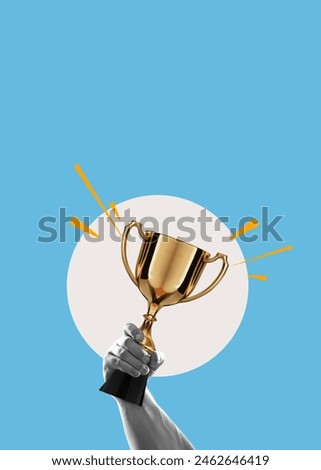 Flat design Illustration. Hand holds and raised cup trophy, holding cup against clean backgrund. award and victory concept. Poster with copy space.