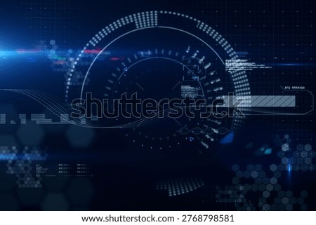 Flat design interface is showing circular HUD over blue grid with hex clusters and waveform lines. Futuristic, technology, digital, interface, data, virtual, abstract