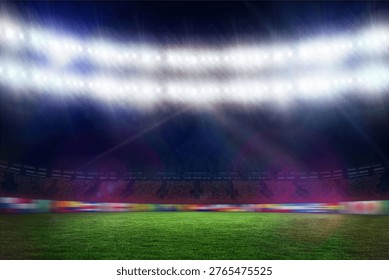 flat design scene is showing empty grass football pitch at night with floodlights and LED boards. Sports arena, outdoor, vibrant, energetic, modern, illumination, recreation