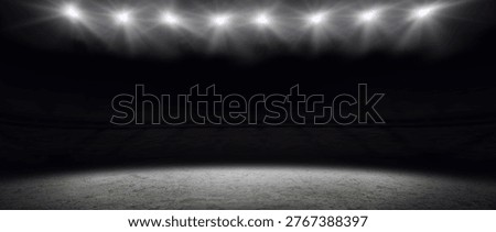 Flat design is showing empty arena floor with rigged spotlights lighting textured surface. Performance, stage, auditorium, spectacle, contrast, illumination, architecture