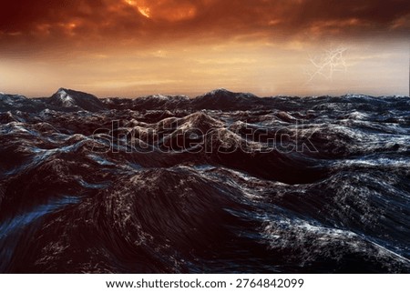 Flat design is showing rough ocean waves rising under fiery storm clouds with lightning. Dramatic, moody, intense, natural, cinematic, dynamic, atmospheric