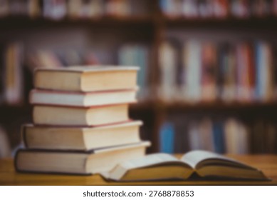 flat design is showing stack of hardcover books, open book on wooden table before blurred bookshelf. Literature, education, study, knowledge, vintage, organized, academic