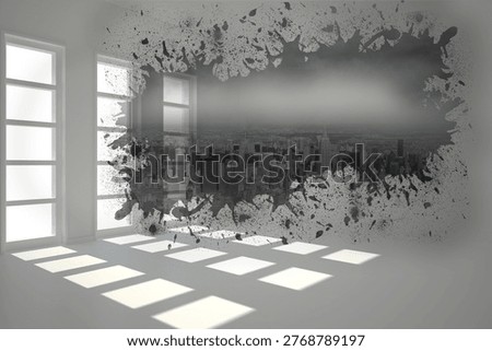 Flat design space is featuring windows casting grid light and splatter mural revealing city skyline. Minimalist, contemporary, artistic, urban, geometric, abstract, creative
