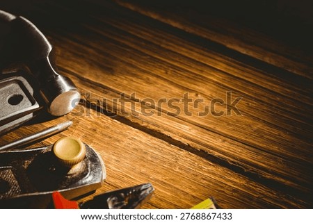 Flat design tools are being displayed with hammer, wrench, pliers, punch and tape measure, copy space. Craftsmanship, workmanship, hardware, construction, manual, industrial, workshop