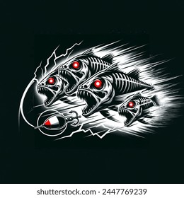 Flat design vector-style image of 3 angry fish skeletons with glowing red eyes, chasing a fishing lure and bursting through a sharp black, grey and white grunge style graphic