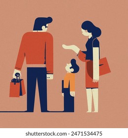 Flat design vector-style image of a child stands in front of his parents and begs them to buy him something