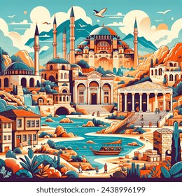 Flat design vector-style image of could you create an energetic illustration showcasing historical places such as the selimiye mosque, ölüdeniz, ephesus ancient city, sumela monastery, aspendos, pamukkale, and the historic houses of safranbolu?