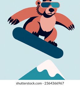 Flat design vector-style image of grizzly bear with reflective goggles on a snowboard jumping