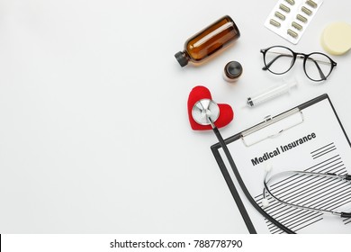 
Flat Lay Aerial Of Tools Medical & Healthcare Insurance Background Concept.space For Design.Table Top View Essential Items For Doctor Using Treat & Care Patient In Hospital.Object On White Paper. 