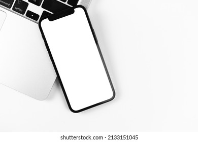 Flat Lay Apple IPhone Screen Mockup, Office Desktop With Laptop, Bright Background. Top View, Copy Space