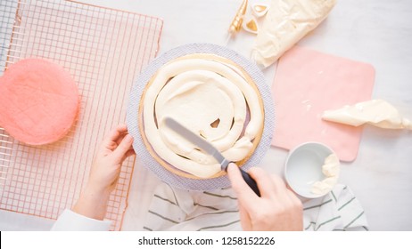 Flat Lay. Assembling Pink And Purple Cake Layer To Make Unicorn Cake For Little Girl's Birthday Party.