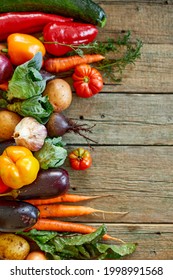 Flat Lay Of Assortment Of Fresh Vegetables, Bio Healthy, Organic Food On Wooden Background, Country Market Style, Garden Produce, Diet Veggie Food, Clean Eating.