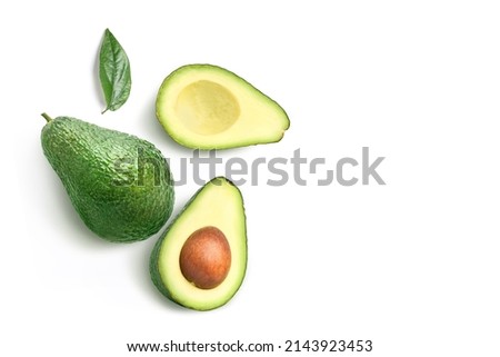 Flat lay of Avocado with cut in half isolated on white background.