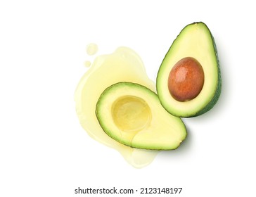 Flat Lay Of Avocado Oil Isolated On White Background.