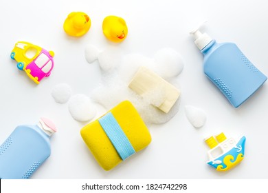 Flat Lay Of Baby Care Products For Bathroom. Top View