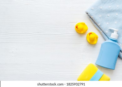 Flat Lay Of Baby Care Products For Bathroom. Top View