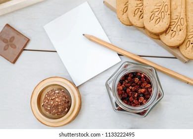 flat lay background with tea and biscuits 