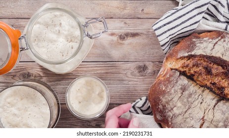 Flat Lay. Baking Homemade Sourdough Wheat Bread In Cast Iron Dutch Oven.