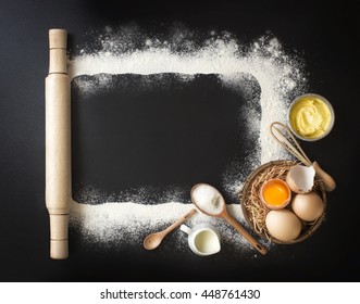 Flat Lay Baking Utensils And Ingredient On Black Background, Frame Border Design Text Space Images.