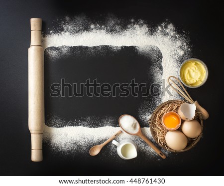 Flat lay baking utensils and ingredient on black background, Frame border design text space images.