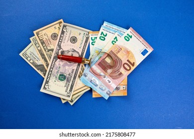 Flat Lay Of Banknotes Of Money Dollars And Euro,  Exchange Rate, World Economy, Currency, Copy Space.
