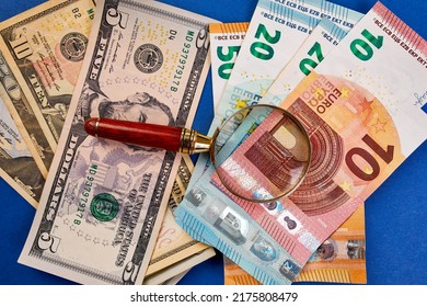 Flat Lay Of Banknotes Of Money Dollars And Euro,  Exchange Rate, World Economy, Currency, Copy Space.
