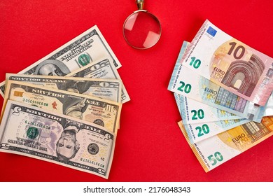 Flat Lay Of Banknotes Of Money Dollars And Euro,  Exchange Rate, World Economy, Currency, Copy Space.
