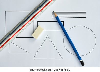 A flat lay of basic geometric shapes (square, circle, triangle) drawn on white paper with a scale ruler, pencil, and eraser. A concept for foundational design.