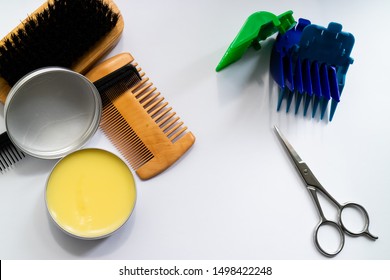 Flat Lay Of Beard Grooming Kit, Wax, Combs, Brush And Scissors.