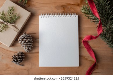 Flat lay of a blank spiral notepad on wooden table with pinecones, red ribbon, evergreen sprigs, and a wrapped gift. Perfect for holiday lists, notes, or festive messages.