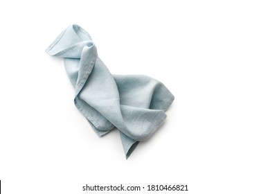 Flat Lay With Blue Linen Rustic Kitchen Napkin Isolated On White Background. Overhead Image Of Folded Cloth For Mockup, Copy Space