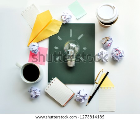 Flat lay brain storming session table top view.
