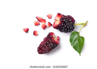 Flat lay of broken mulberry fruit isolated on white background.