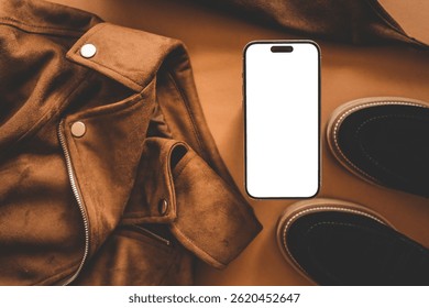 Flat lay of brown suede jacket, black suede shoes, and smartphone with blank white screen on brown background, combining fashion and technology in a stylish autumn-themed setup.
