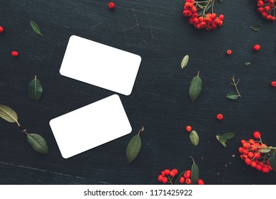 Flat Lay Business Card With Rounded Corners Mock Up Copy Space Top View On Dark Background Decorated With Wild Berry Fruit Arrangement