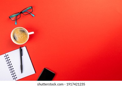 Flat Lay Business Desk With Colorful Background And Copy Space