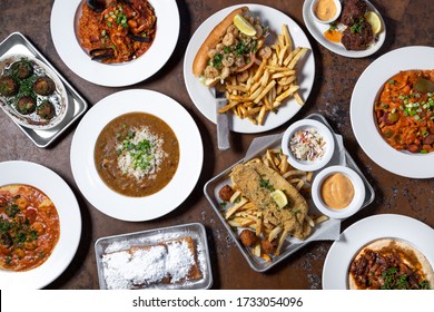 Flat Lay Of Cajun Creole Dishes At A New Orleans Restaurant