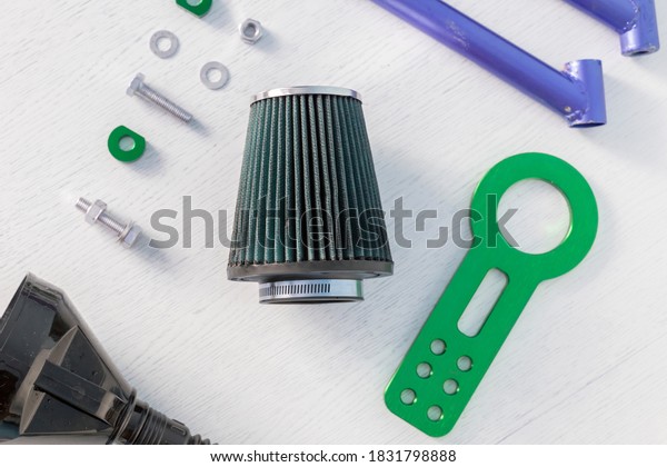 flat lay car spare parts details isolated on the
table, minimalist concept