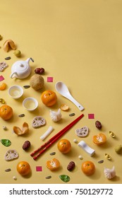 Flat Lay Chinese New Year Food And Drink Still Life Text Space Image. 