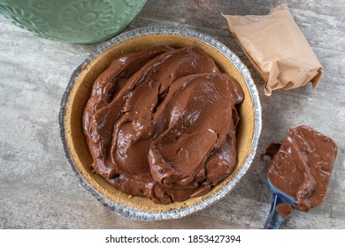 Flat Lay Of Chocolate Pudding Pie In Graham Cracker Crust