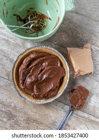 Flat Lay Of Chocolate Pudding Pie In Graham Cracker Crust